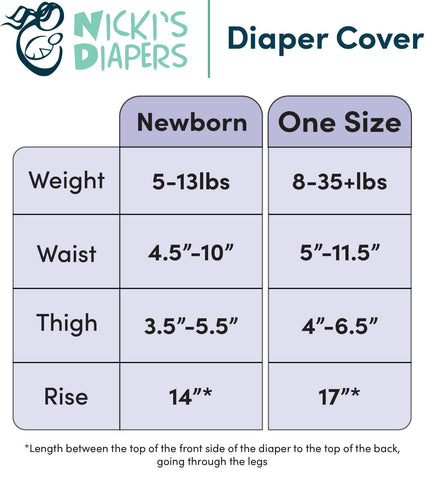 Size chart of Nicki's Diapers diaper cover