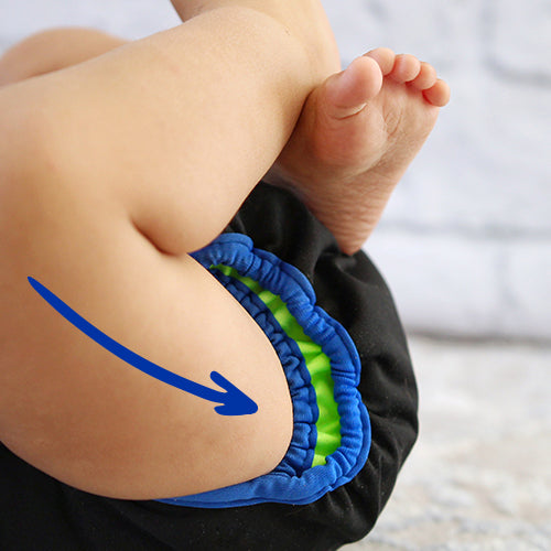 Arrow pointing to Best Bottom Diaper Double Gussets around legs